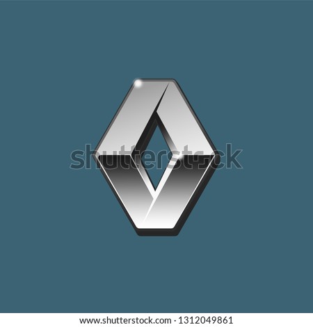 The close up vector of silver 3D Renault logo on blue background. Isolated