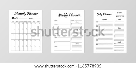 Set of minimalist planners. Daily, weekly, monthly planner template. Blank white notebook page isolated on grey. Business organizer page. Paper sheet. Realistic vector illustration.  