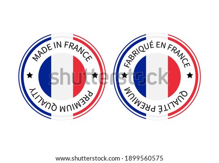 Made in France and Fabrique en France round labels in English and in French languages. Quality mark vector icon. Perfect for logo design, tags, badges, stickers, emblem, product package, etc.