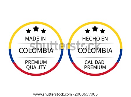 Made in Colombia round labels in English and in Spanish languages. Quality mark vector icon. Perfect for logo design, tags, badges, stickers, emblem, product package, etc.