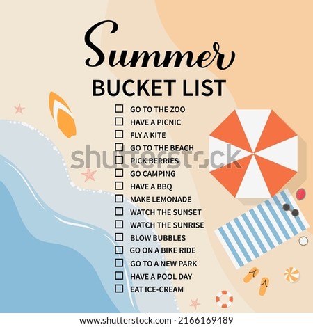 Summer bucket list. Funny things to do checklist. Seasonal activity planner page.  Vacations wish list. Easy to edit vector template.  