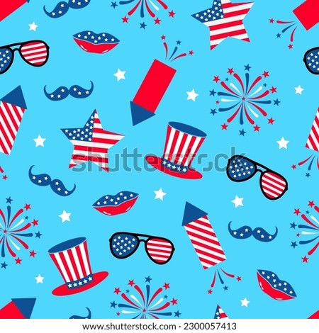 American patriotic seamless pattern. Fourths of July traditional background.  Cracker and fireworks backdrop. Vector template for fabric, textile, wallpaper, wrapping paper, etc. 