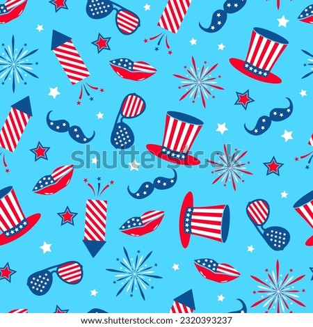 USA patriotic seamless pattern. Fourth of July traditional background.  Cracker and fireworks backdrop. Vector template for fabric, textile, wallpaper, wrapping paper, etc. 