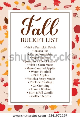 Fall bucket list. Funny autumn things to do checklist. Seasonal activity planner page.  Autumn wish list. Easy to edit vector template.
