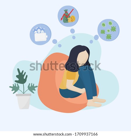 Concept of the effects of the coronavirus or COVID - 19, Young woman sat sadly from unemployment by the impact of the economic crisis. Flat design illustration.