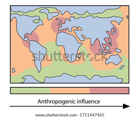 Vector illustration of a global geographical map visualising anthropogenic influence on the marine environment.