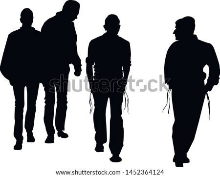 Silhouette of Hasidic Jews. Religious Jews go to the synagogue. A group of young male believers. Isolated vector illustration Black on white. ストックフォト © 