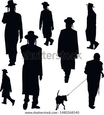 A collection of silhouettes of Jewish men. Religious Jews in traditional costume. Hasid with sidelocks. A man in a hat and a long coat. Isolated vector illustration. Black on white.