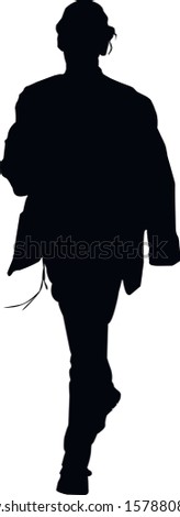 Silhouette of a young Jew in traditional clothes. He wears talit katan and citic. Jewish Hasid walks through Jerusalem. Isolated vector illustration Black on white.