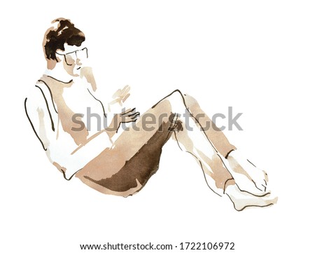 Watercolor illustration Watercolor - guy with a laptop. A young man is reading a book. Freehand drawing. Color ink drawing on a white background. Close-up.