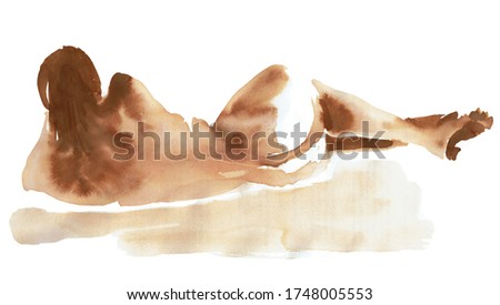 Woman painted in watercolor. Figurative illustrations. Watercolor sketch of a lying naked woman. Freehand drawing on paper. Watercolor, ink on a white background. Monochrome drawing.
