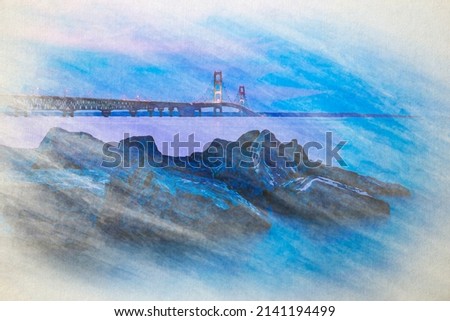 Digital watercolor chalk painting of Mackinac Mackinaw Bridge at night including rocks, boulders, and blue water of the Straits of Mackinaw