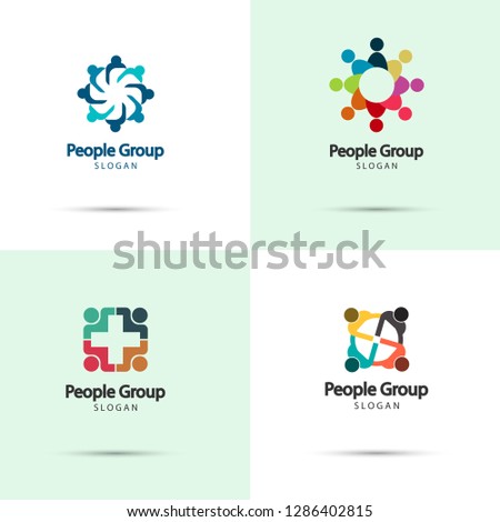 Graphic group connecting. People Connection logo set. Team work in a circle holding hands. Business person meeting in the same power room Vector icons