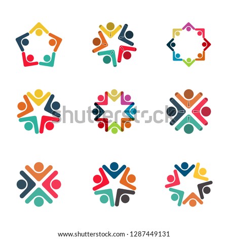 Graphic group connecting,People Connection logo set,Team work in a circle holding hands,Business person meeting in the same power room,Vector icons