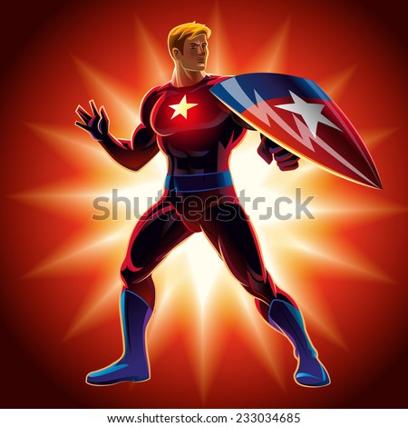 Superhero with the shield. Vector illustration