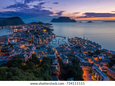 Similar – Foto Bild Alesund, Norwegen. Night View Of Moored Schiff in Alesund Insel. Sommer Morgen.