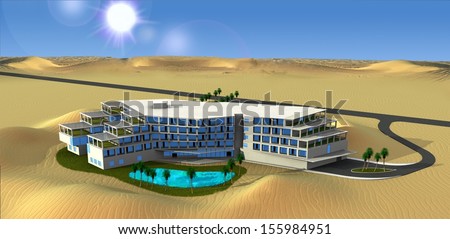 Dessert Hotel Day Rendering. Render picture of hotel design. Desert landscape