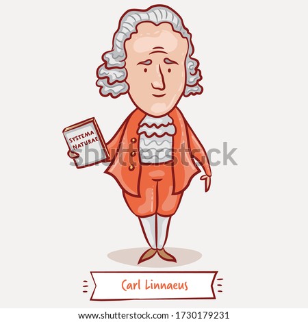 Carl Linnaeus with his Systema Naturae book. Vector cartoon illustration. Swedish botanist, zoologist, and physician. Famous people who changed the world.