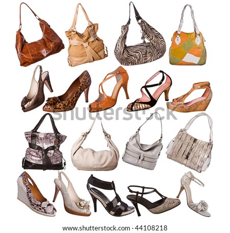 A variety of elegant women high heels shoes and bags isolated on white background.