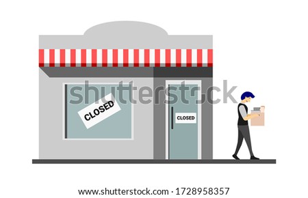 the flat style vector illustration of shop, factory, business and commercial building are shutdown and bankrupt because of pandemic economic recession and financial crisis made people unemployed.