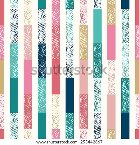 seamless doodle dots vertical stripes patchwork pattern. Creative colorful modern stylish background. Naive repeated funny kids print