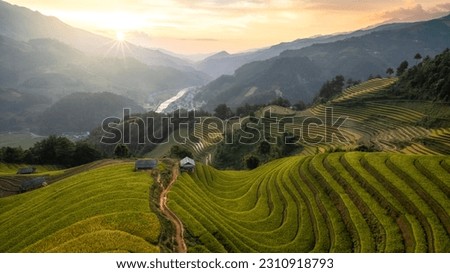 Aerial top view Rice fields on terraces  of mu cang chai,  rice fields prepare the harvest at northwest vietnam ,yenbai vietnam. Stok fotoğraf © 