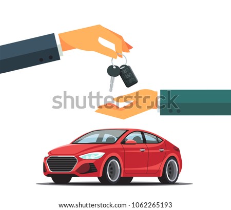 Buying or renting a new or used red car.  Dealer giving keys chain to a buyer hand. Modern flat style vector illustration isolated on white background.