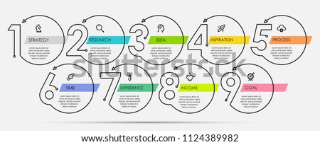 Thin line minimal Infographic design template with icons and 9 options or steps.  Can be used for process diagram, presentations, workflow layout, banner, flow chart, info graph.