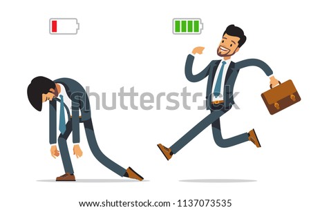 Business and life energy. Businessman with low battery red color and Businessman with high full level energy battery green. Vector illustration of a flat design.