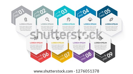 Business vector Infographic design template with icons and 9 options or steps.  Can be used for process diagram, presentations, workflow layout, banner, flow chart, info graph.