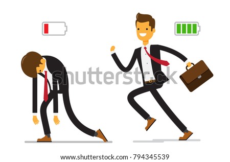 Business and life energy. Businessman with low battery red color and Businessman with high full level energy battery green. Vector illustration of a flat design.