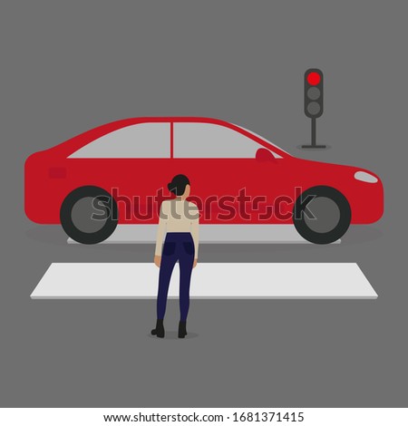 
A car is passing a pedestrian crossing, and a female character is waiting in front of a traffic light with a red light