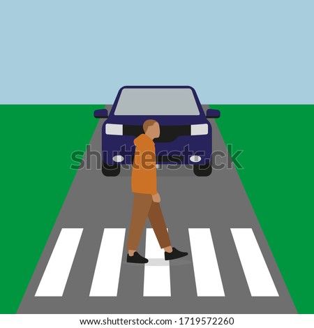 Male character crosses the road at a pedestrian crossing in front of a car on a background of grass and sky