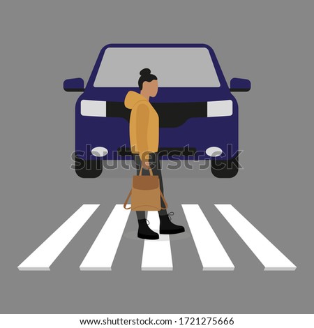 Female character with a backpack in hand goes on a pedestrian crossing in front of a car