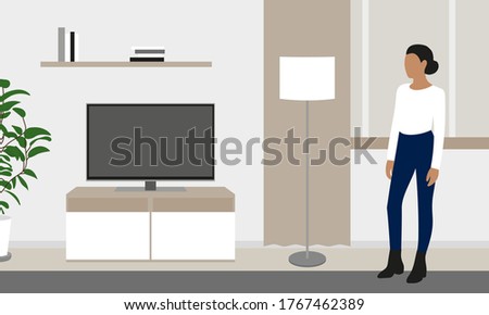 
Female character in a room with a window, a TV, a plant and a floor lamp