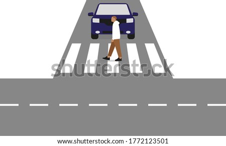 
Male character crosses a crossroads at a pedestrian crossing in front of a car