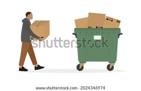 Male character with a cardboard box in his hands goes to a trash can full of cardboard boxes
