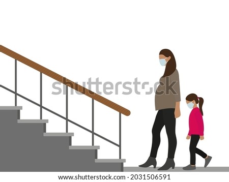 Pregnant female character and little girl in medical masks walking towards stairs on white background