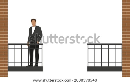 Male character in business attire stands on one of two balconies on a white background