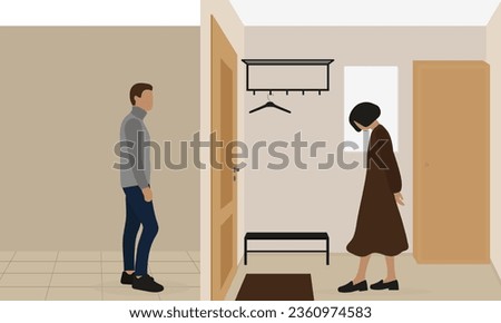 A male character and a female character are on opposite sides of the same door indoors