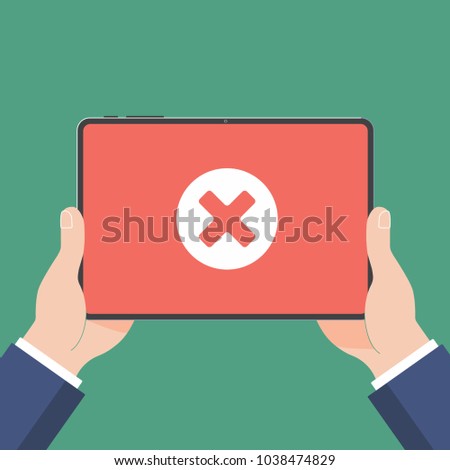 Hand holding black tablet computer PC device isolated on red background. Pad computer on human's hands with check mark cross x NO in the circle with touch screen flat design vector illustration