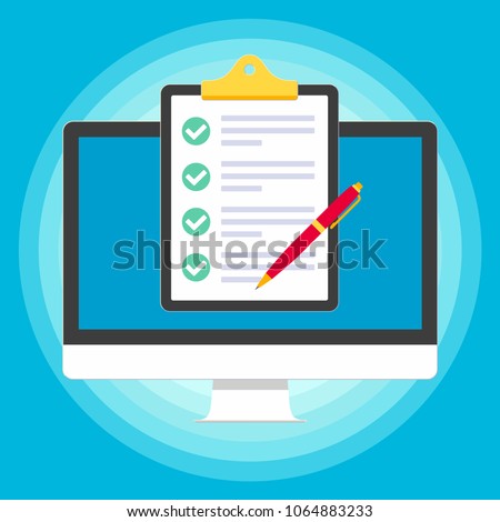 Monitor or All in one pc flat design with clipboard and check marks tick  popped above the screen icon signs vector illustration. Technology concept of online survey isolated on blue background.