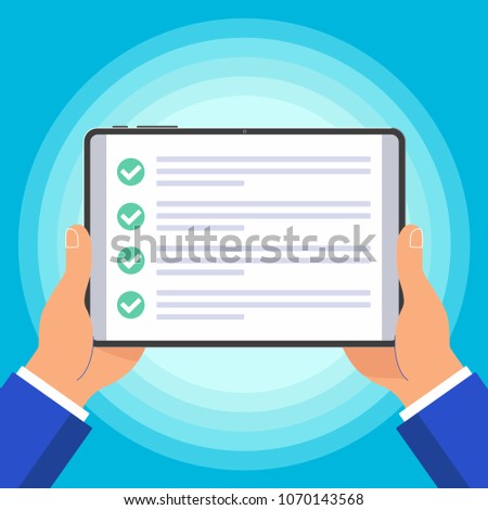 Hands hold pad device tablet flat design with  check marks tick on the screen and text icon signs vector illustration. Technology concept of online survey to fill out  isolated on blue background.