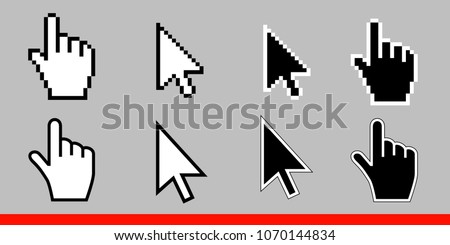 White arrow and pointer hand cursor icon set. Pixel and modern version of cursors signs. Symbols of direction and touch the links and press the buttons. Isolated on gray background vector illustration