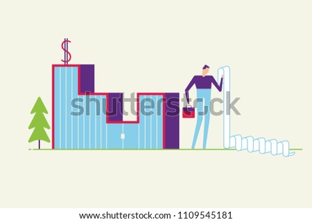Male business man looking at the list of taxes or finance papers standing next to bank. Paing taxes concept of bank paperwork minimal abstract flat style design vector illustration isolated background