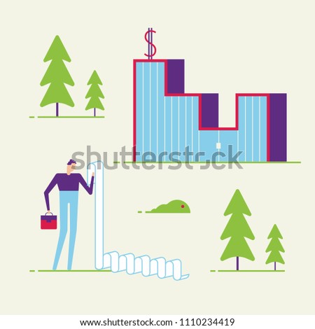Male business man looking at the list of taxes or bank papers. Paing taxes concept of bank paperwork minimal abstract flat style design vector illustration isolated on light background