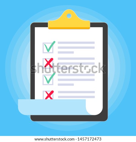Clipboard with to do list claim form on it, paper sheets, check marks tick OK and cross x, checkbox on the list, red pen isolated on light blue background flat style vector illustration.