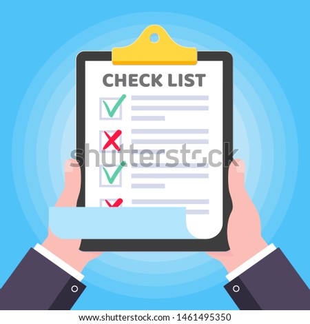 Two hands hold clipboard with check list claim form on it, paper sheets, check marks tick OK and cross x NO checkbox on the list isolated on light blue background flat style vector illustration.