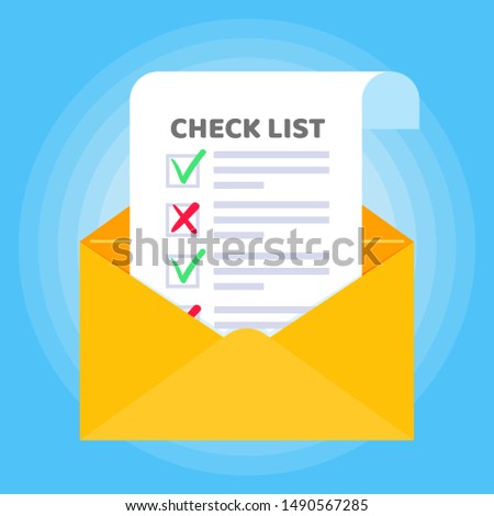 Open envelope with paper sheet page check mark tick and cross x text icon sign vector checklist. Symbol of email confirmation, delivery, verification flat design concept isolated on blue background.