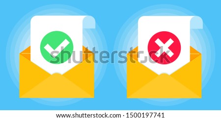 Open envelope with document paper sheet page check mark tick OK and cross X icon sign vector illustration. Symbol of email confirmation, delivery, verification flat design isolated on blue background.